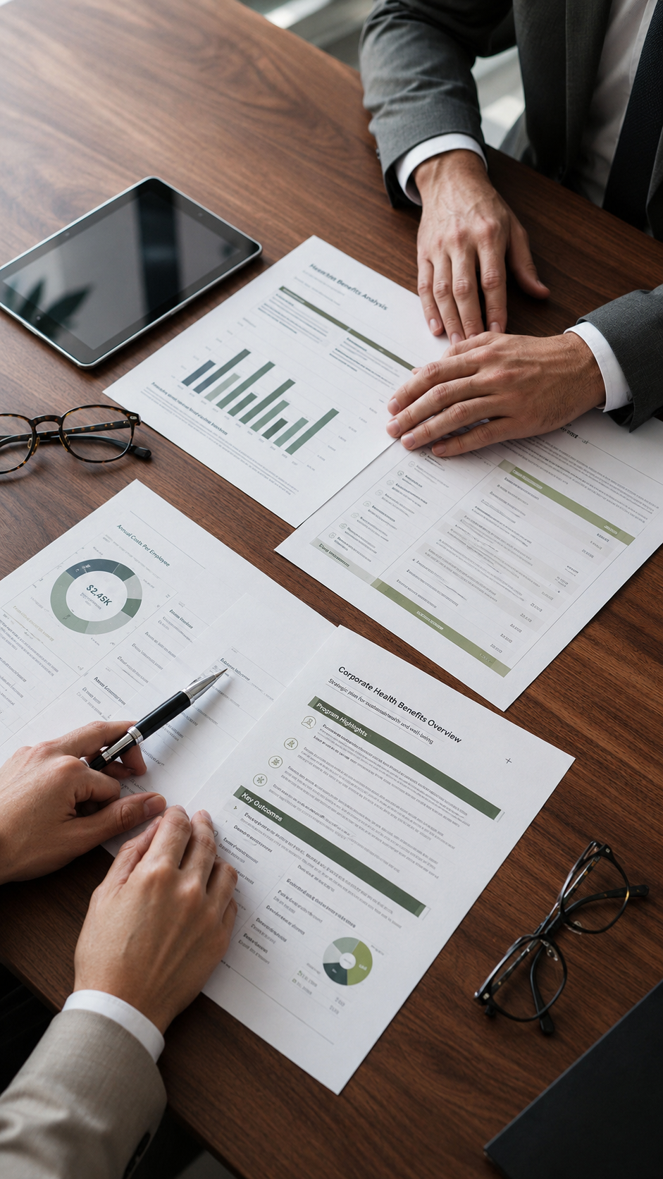 Consultor analisando relatórios de benefícios corporativos com cliente