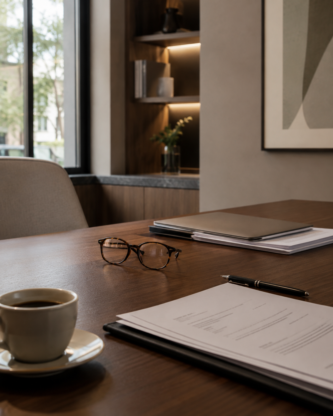 Ambiente executivo de consultoria com documentos contratuais sobre mesa de reunião
